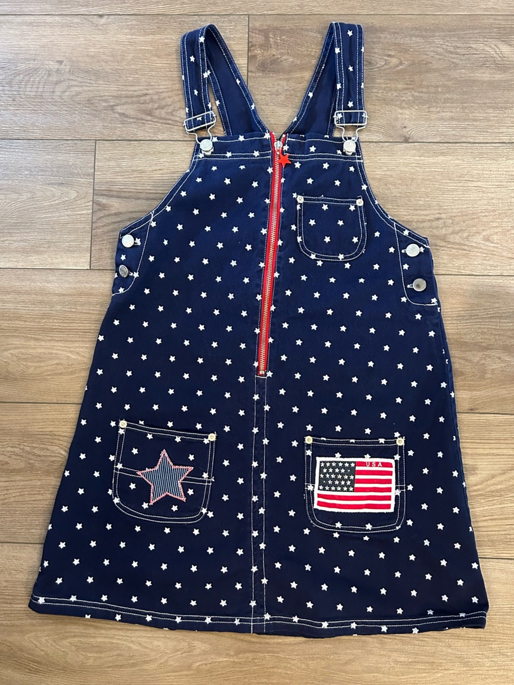 Looney Tunes Girls 14/16 Star Print Overall Jumper Dress USA Flag Patriotic